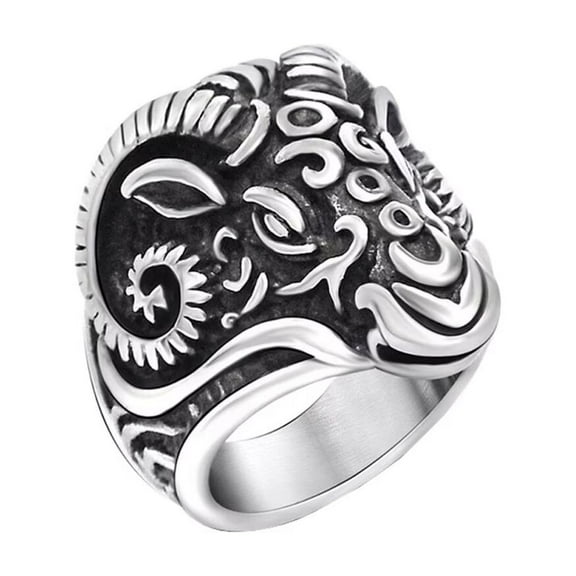 PAMTIER Men's Stainless Steel Vintage Unique Silver Black Tone Punk Rock Goat Head Gothic Biker Ring Statement Personality Aries Zodiac Size 7