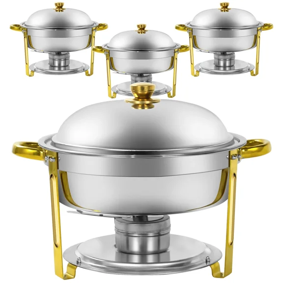 Gold Chafing Dish Buffet Sets 4 Pack, 6QT Round Stainless Steel Chafers and Buffet Warmers Sets with Lid for Catering Events, Polished
