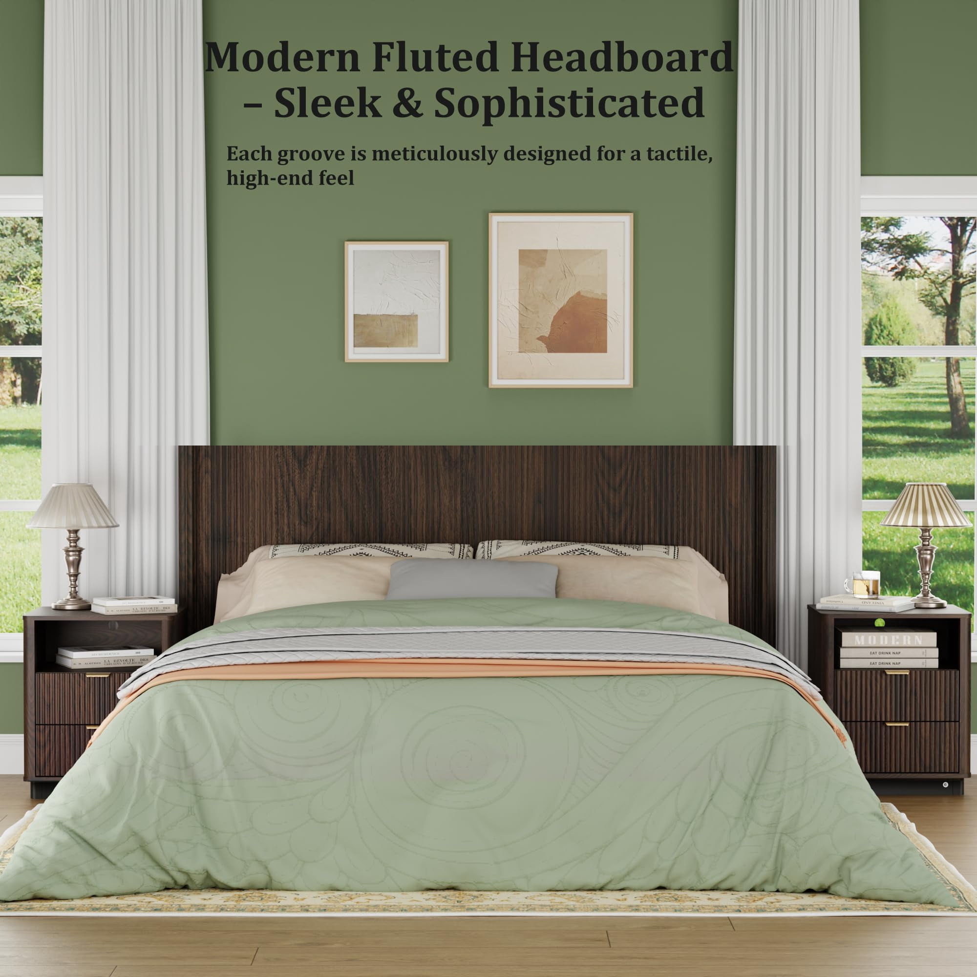 HMstone King Size Boho Headboard Only, Modern Fluted Wall-Mounted Head Board with Lighting, Wood Bed headboard Stylish Bedroom Decor, Espresso