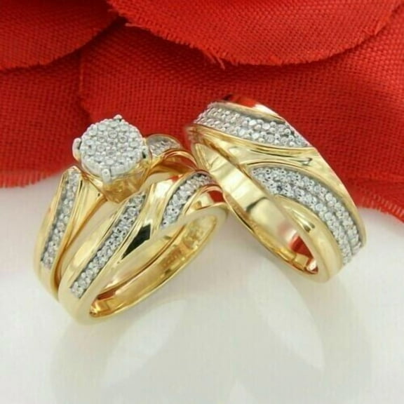 Gems Jewels 3.80 Ctw Round Cut White Diamond Wedding Anniversary His & Her Wedding Ring Trio Set Band Ring 14K Yellow Gold Plated 925 Sterling Silver 925 Sterling Silver -5.5