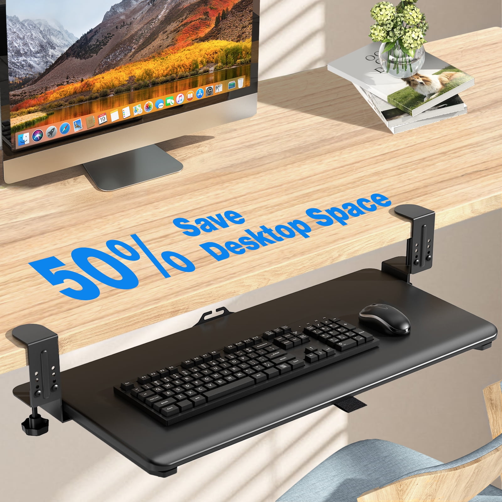Under Desk Keyboard Tray, 25.6" Extendable Keyboard Tray with 4-Level Height Adjustment, Clamp-On Keyboard Drawer with Cable Management, Holds up to 11 LBS, Black
