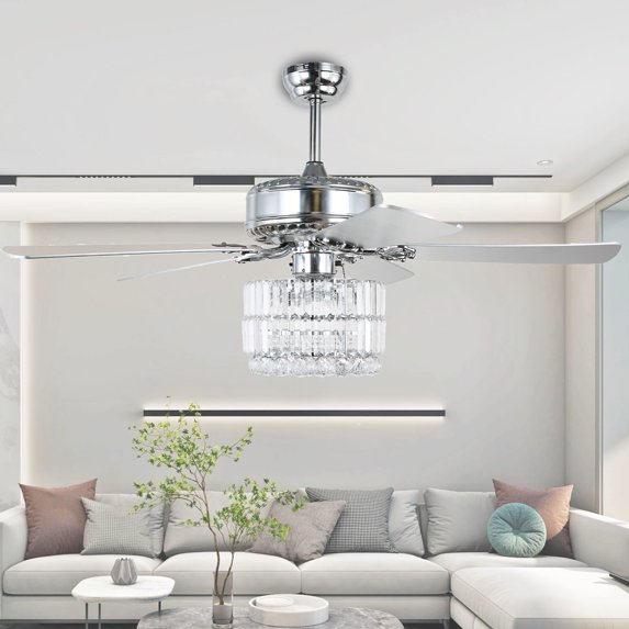 Cusp Barn 52 Inch Ceiling Fan with Lights and Remote 5 Reversible Blades Crystal Ceiling Light for Bedroom, Dining Room