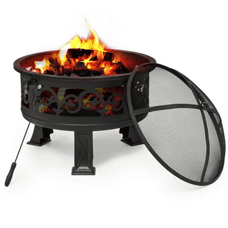 MoNiBloom 26" Wood Burning Fire Pit, Round Table Top Fire Bowl Pit with Spark Screen and Poker for Outside Backyard Patio, Black