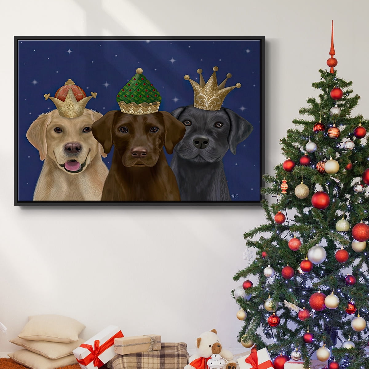 Christmas Labradors, Three Kings - Framed Gallery Wrapped Holiday Canvas - 25 x 37 - Black Frame