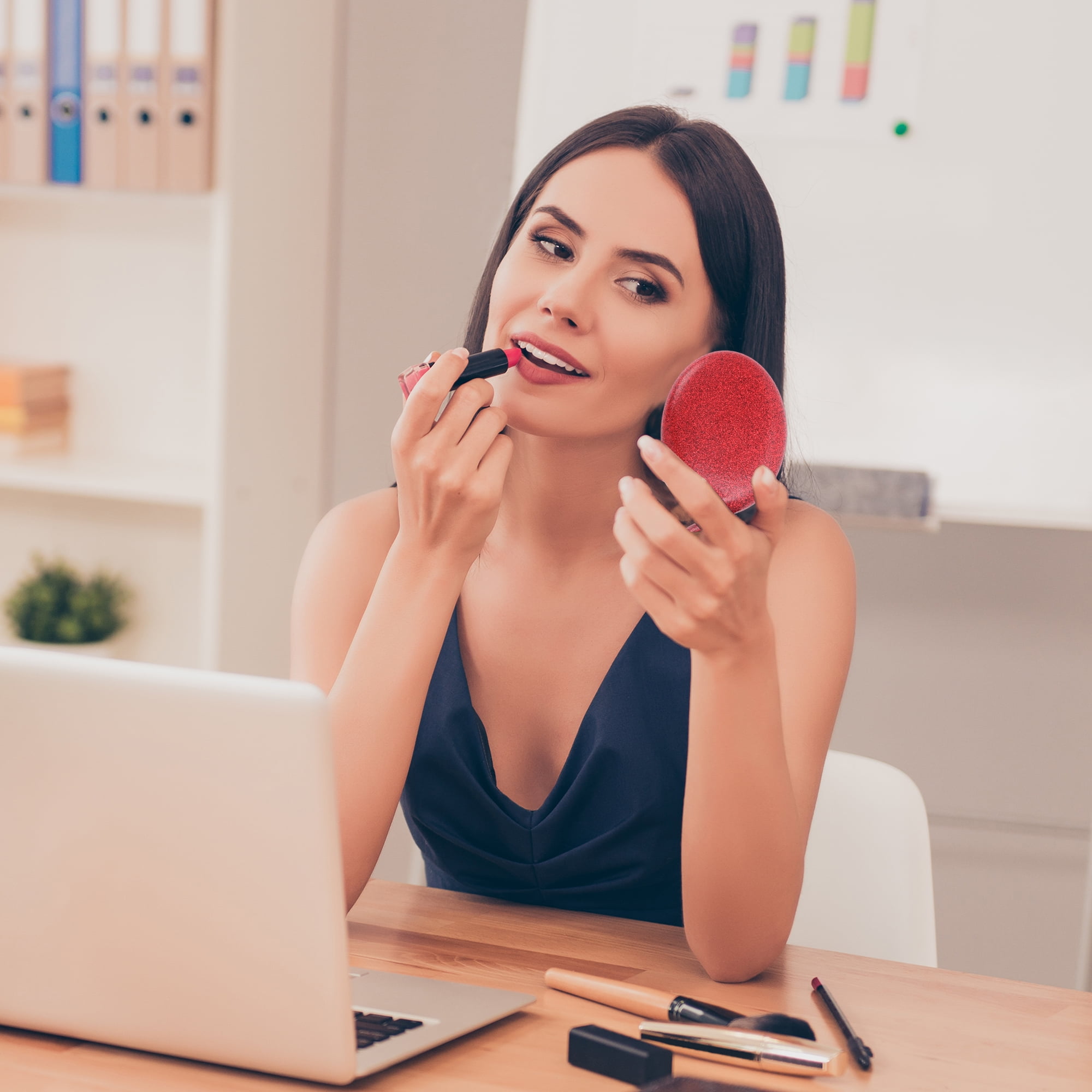 Unique Bargains Portable Oval Makeup Mirror 1 Pc Red