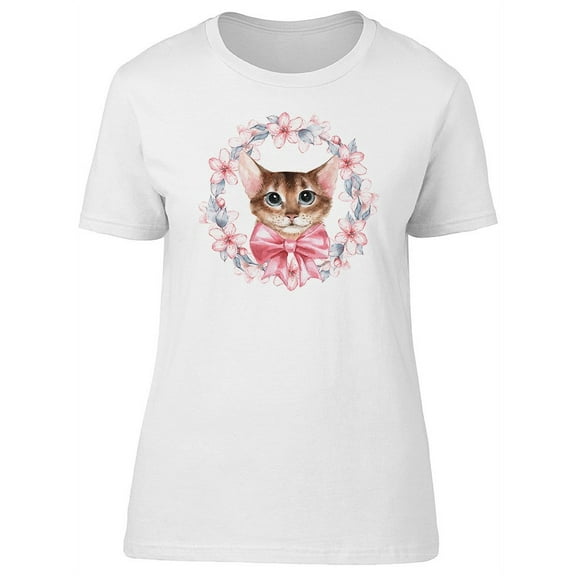 Cute Floral Kitten With Ribbon T-Shirt Women -Image by Shutterstock, Female Medium