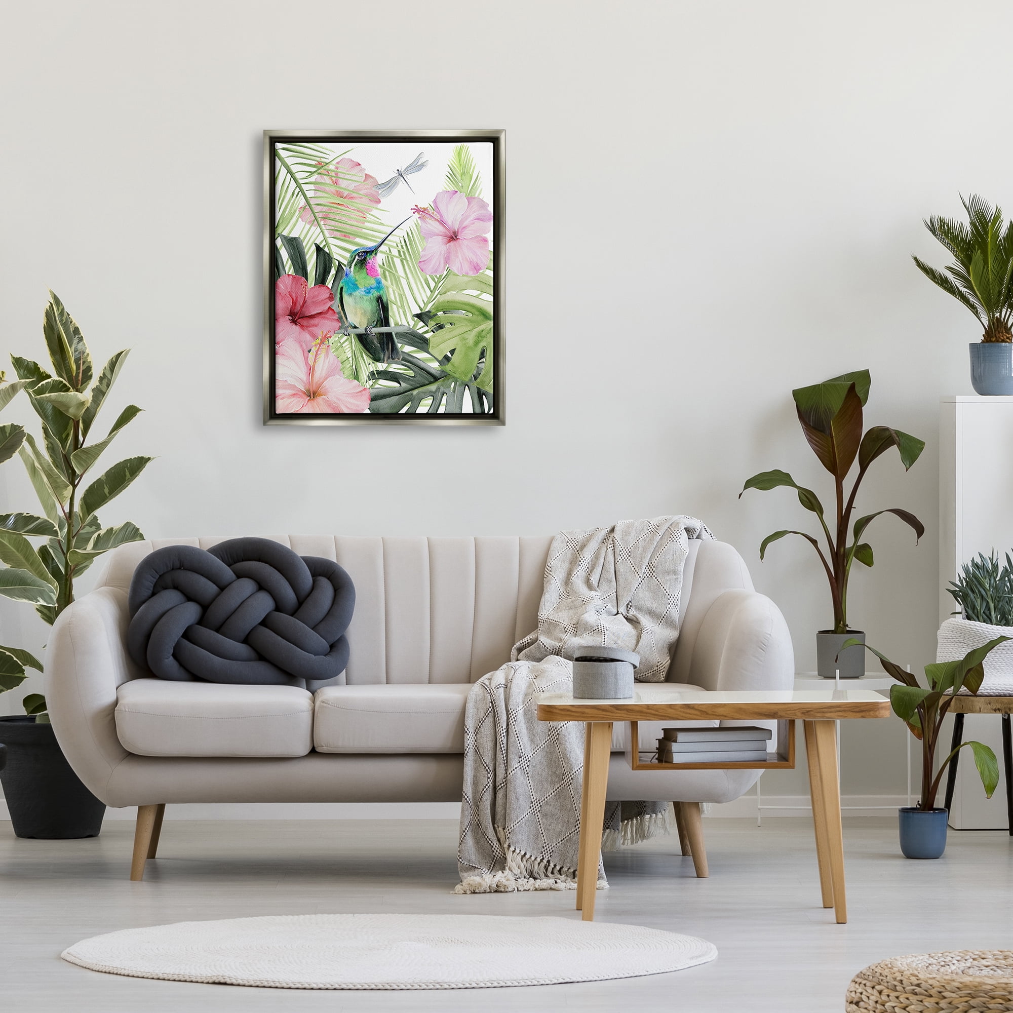 Stupell Industries Hummingbird Tropical Hibiscus Animals & Insects Painting Gray Floater Framed Art Print Wall Art
