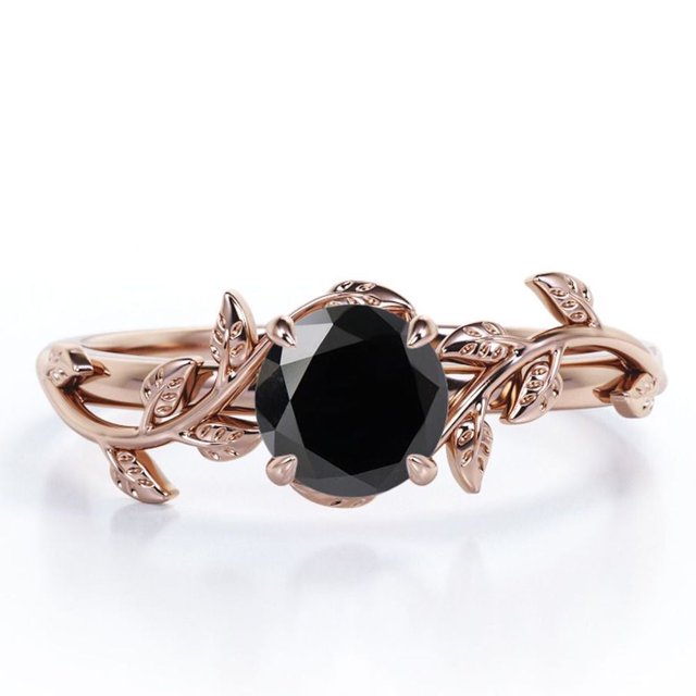 JeenMata Anillo de Compromiso con Diamante Negro de 0,50 Quilates Creado en Laboratorio Corte Redondo, Forma de Hoja y Enredadera, Baño de Oro Rosa de 18 K sobre Plata