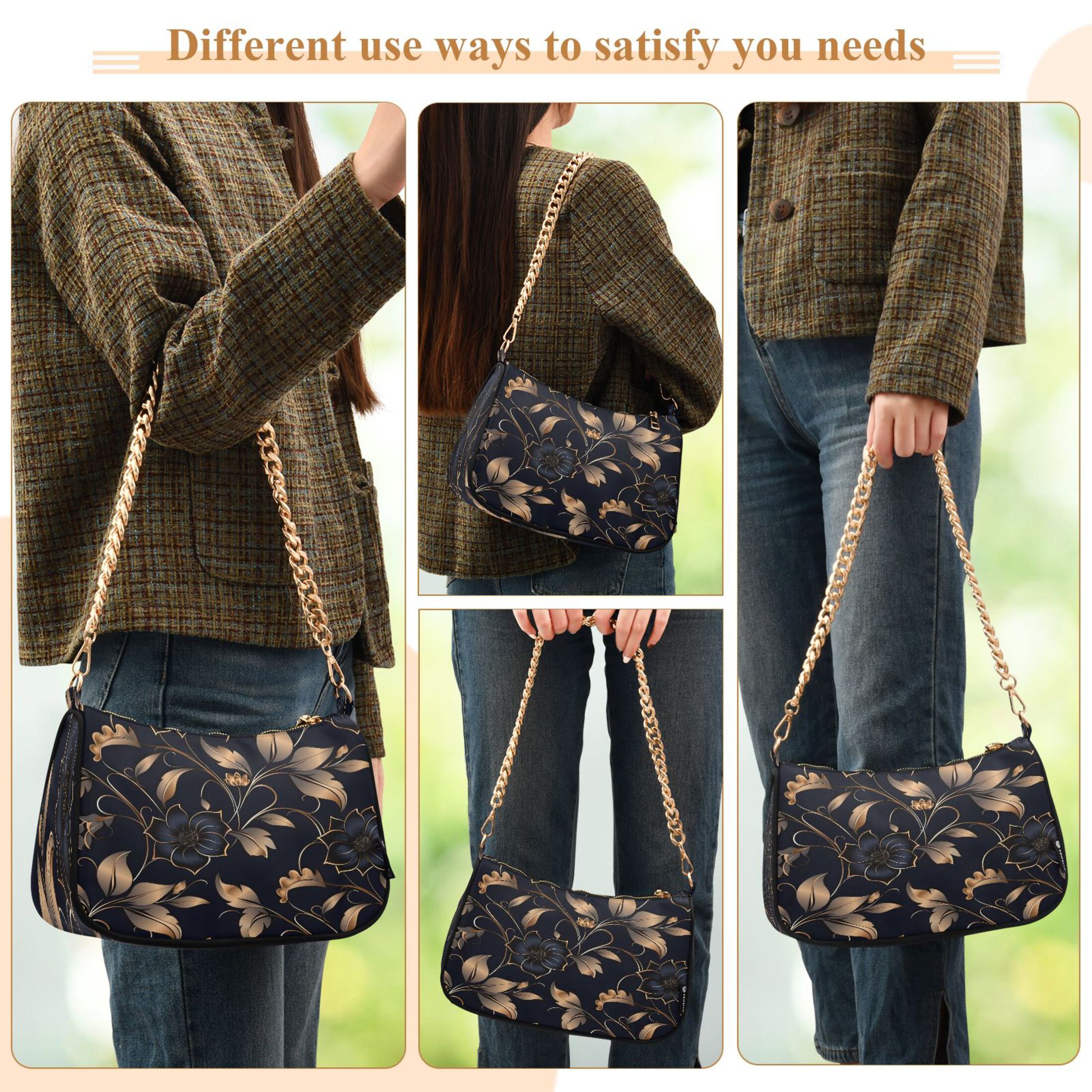 Ryvnso Flower on Black Womens Chain Shoulder Bag Tote Handbags Clutch Hobo Purse with Zipper for Travel