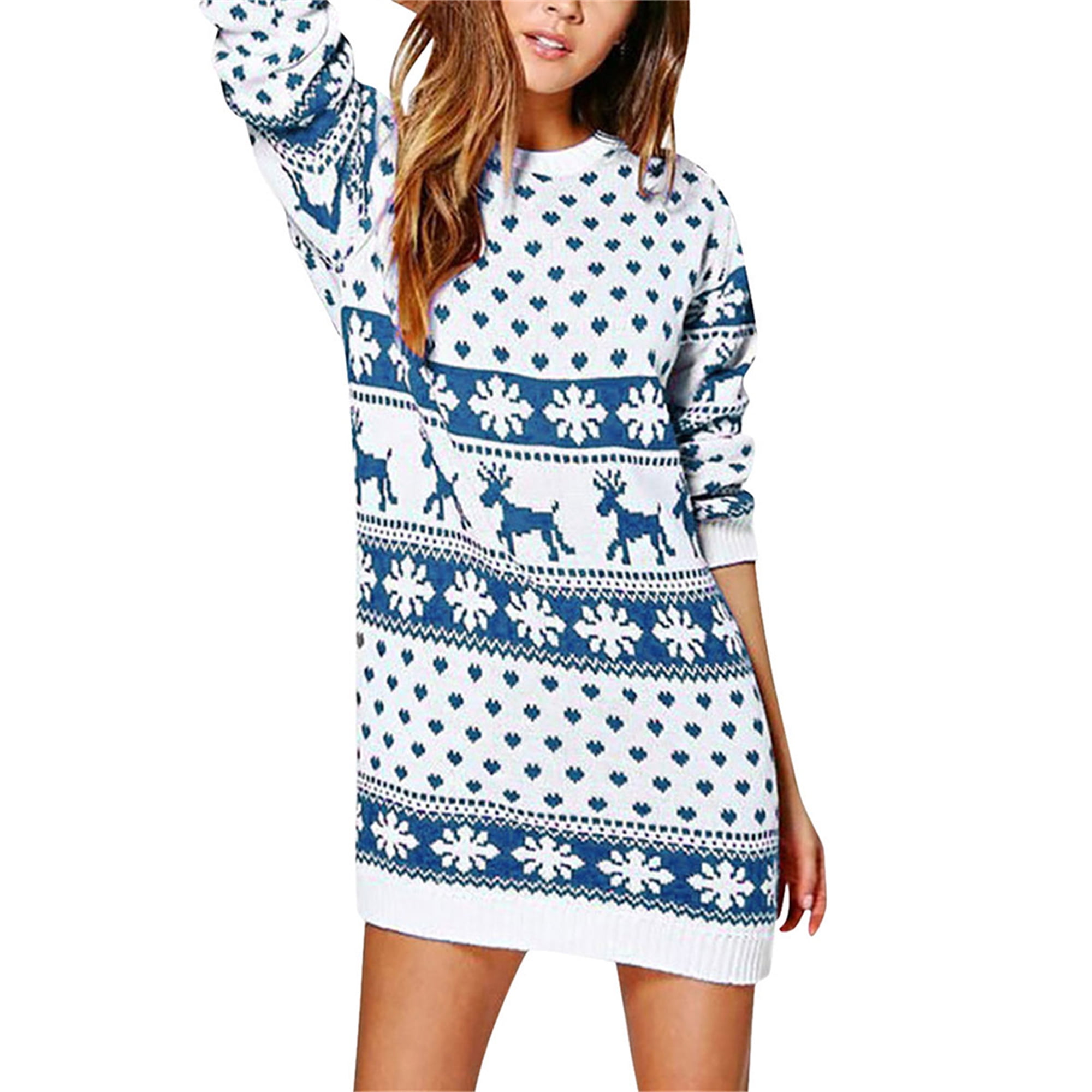 Feiwo Women Christmas Elk Jumper Dress Xmas Long Sleeve Mini Dresses Baggy Pullover Crew Neck Long Tops T-shirts White + Blue S, Women's, Size: Small