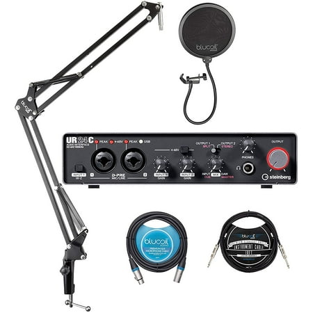 Steinberg UR24C Audio Interface with Blucoil Boom Arm Plus Pop Filter, XLR Cable & Straight Instrument Cable