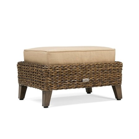 Blue Oak Bahamas Wicker Outdoor Ottoman with Sunbrella Canvas Heather Beige Cushion