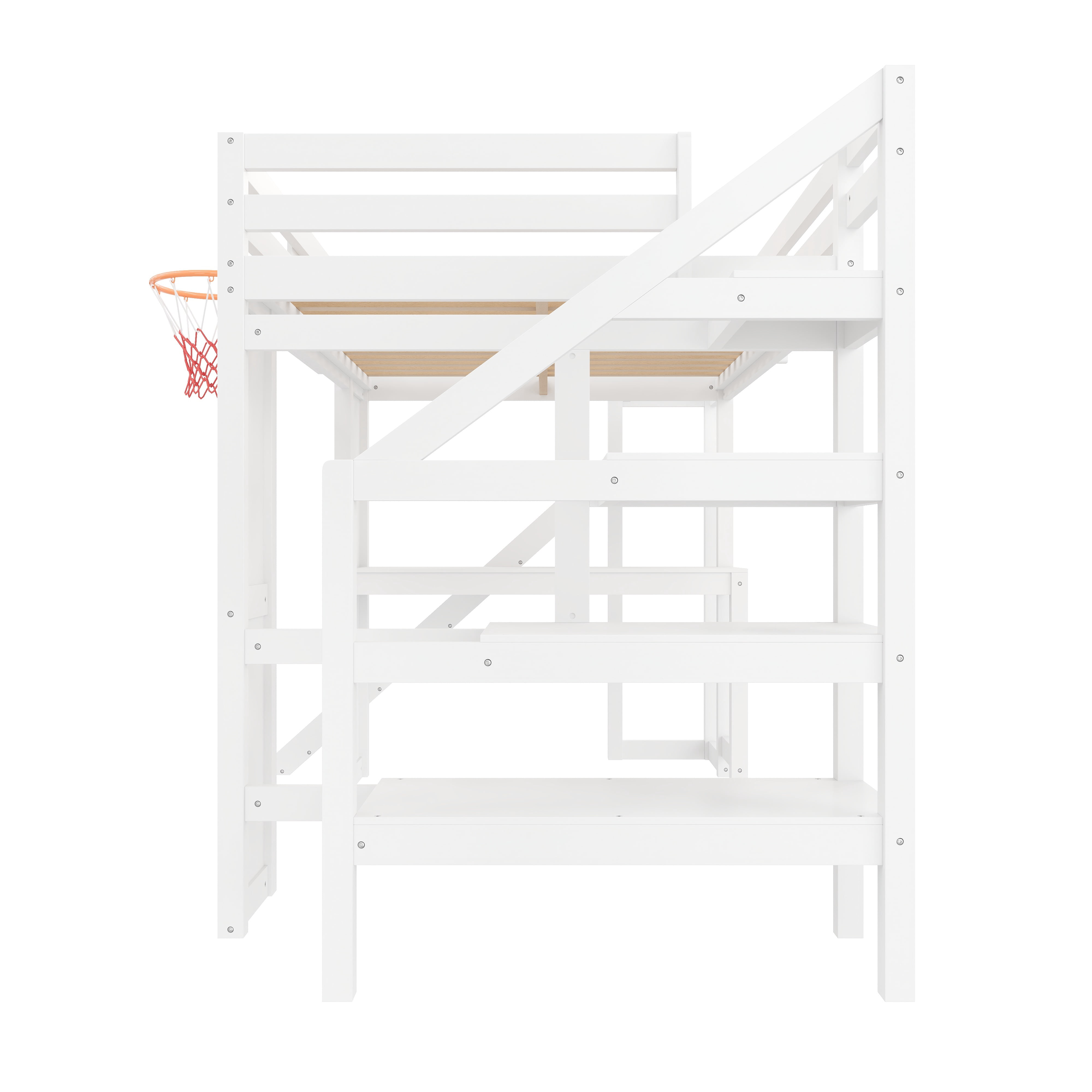 Euroco Wood Full Size Loft Bed with Desk and Shelves, Storage Bed with Basketball Hoop and Slide, White