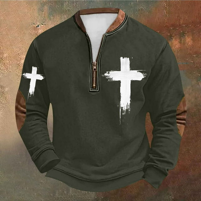 Styesk Chemises pour Hommes Grande Taille Impression Demi-Fermeture à Glissière Col Rond Imprimé Vintage Manches Longues