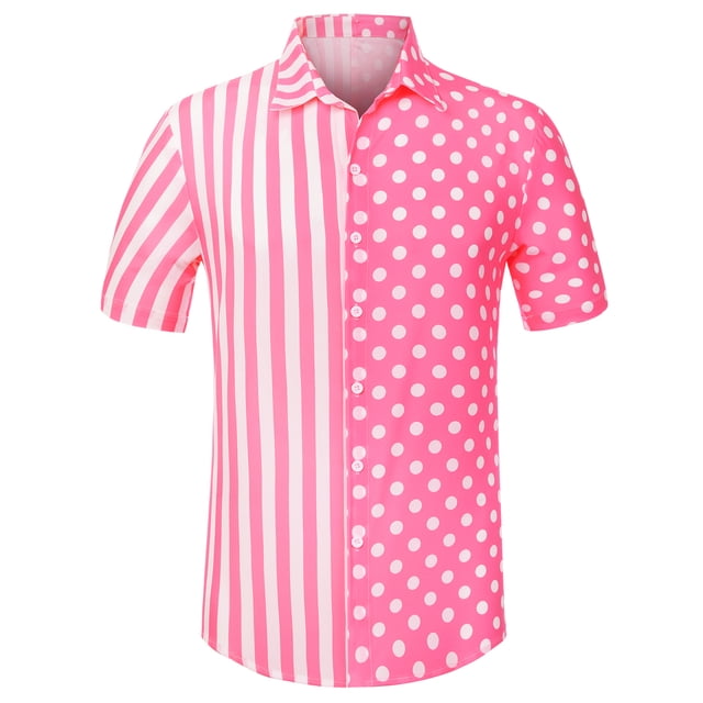 Lars Amadeus Camisa hawaiana de manga corta con botones y lunares a rayas de verano para hombre Rosa blanco L