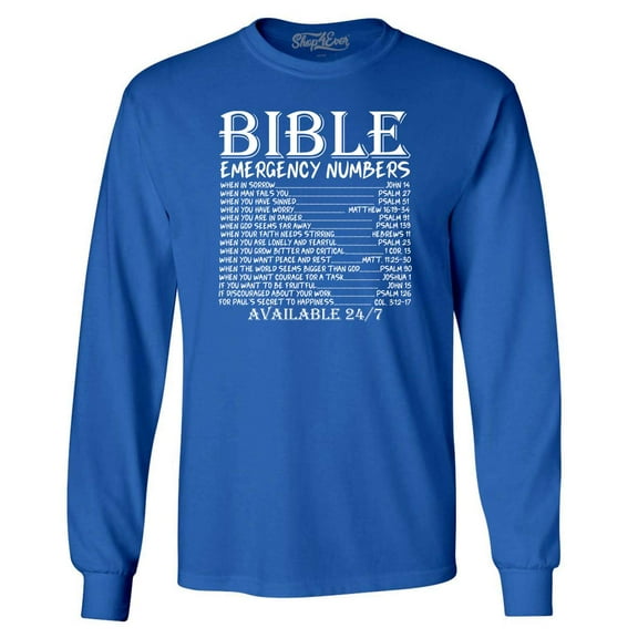 Shop4Ever Men's Bible Emergency Numbers Verses Available 24/7 Long Sleeve Shirt Small Royal Blue