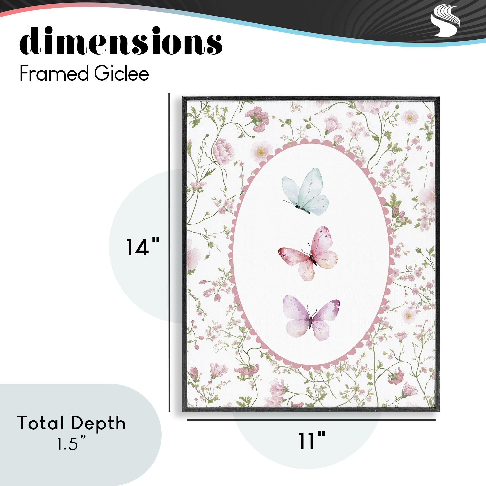 Delicate Florals & Butterfly Black Framed Giclee Art, design by Christine Simpson Art