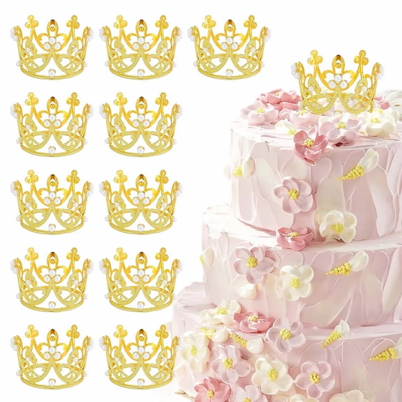 Cake Topper 12 Pcs Gold Crown Decor, Crown Tiara for Wedding Birthday Baby Shower Cake and Flower Bouquet Decorations