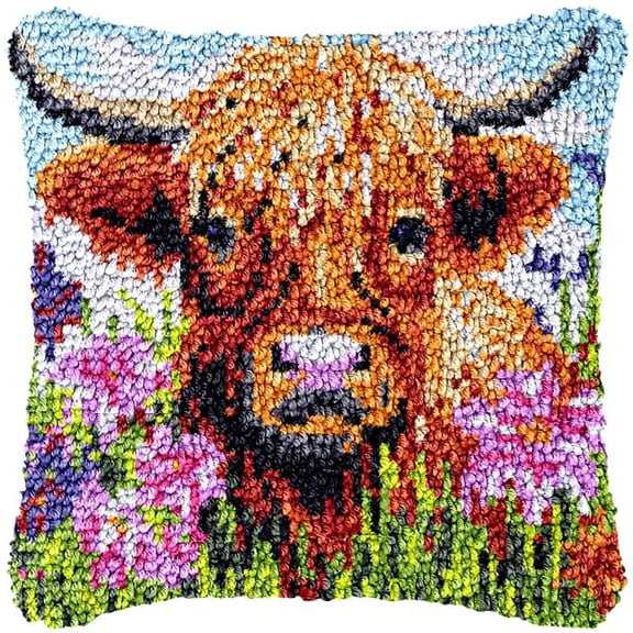 Highland Cow Flower Latch Hook Pillow Cover Kits for DIY Handmade Throw Pillow Cross Stitch Latch Hook Pillowcase Rug Kits with Preprinted Color Pattern Canvas Crochet Yarn Kits 17''X 17''(bs83)