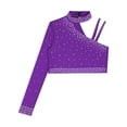 thumbnail image 4 of Kaerm Girls Rhinestones Latin Jazz Dance Tops Irregular Shoulder Gymnastics Shirts Stage Performance Dancewear Purple 12, 4 of 6
