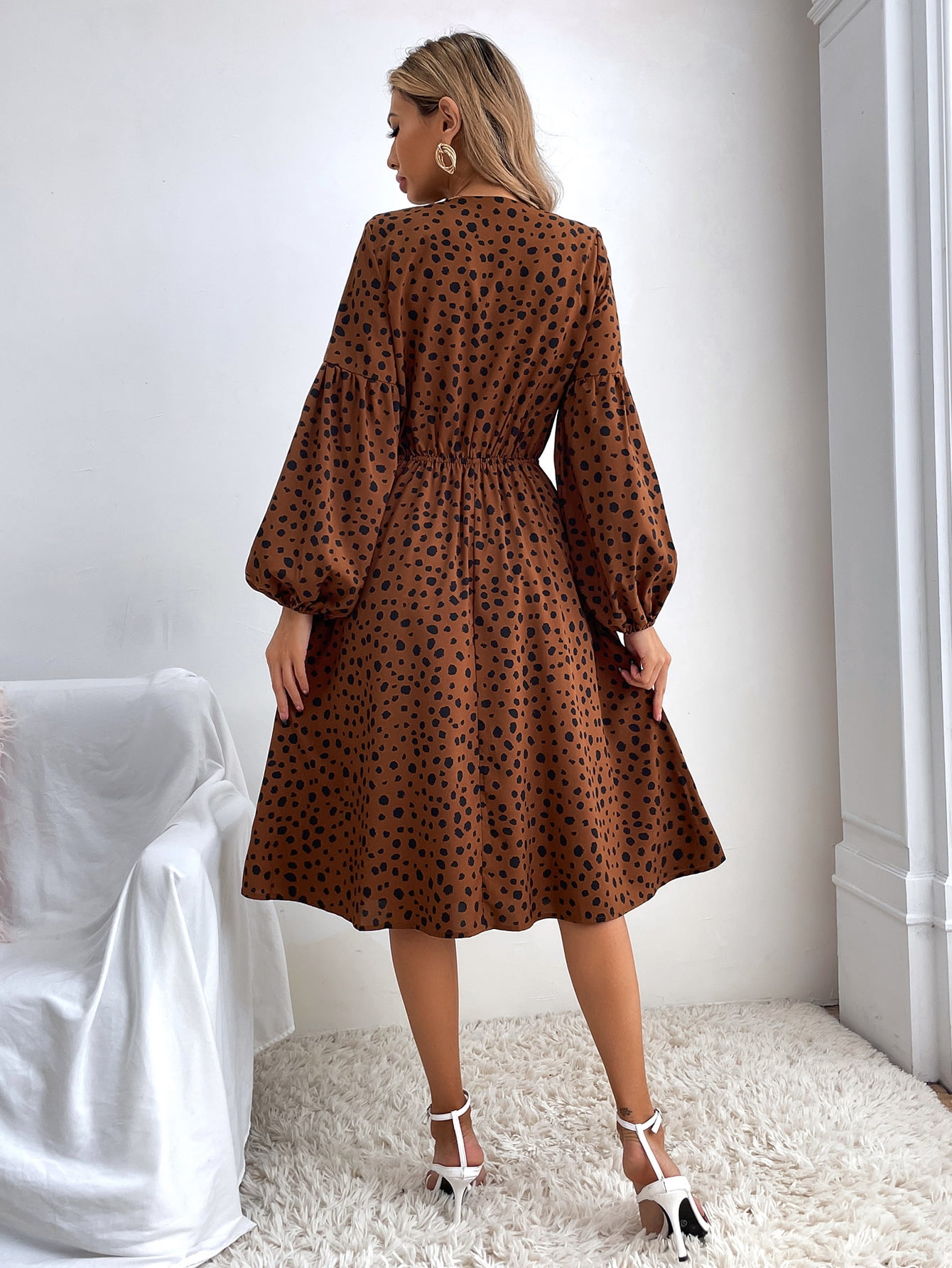 Round Neck Button Front Long Sleeve Cheetah Print Dress for Women -  Walmart.com