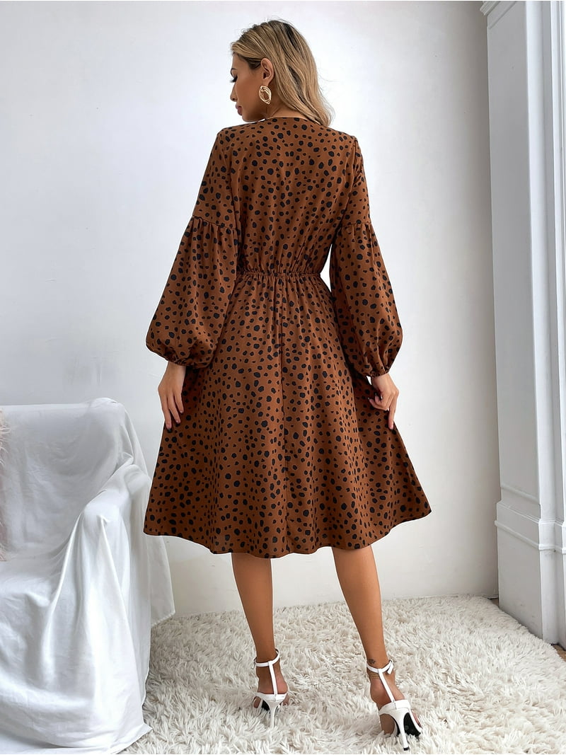 Round Neck Button Front Long Sleeve Cheetah Print Dress for Women