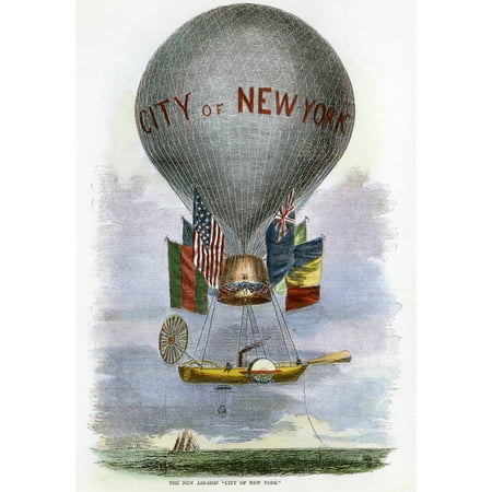 Ballooning T Lowe 1859 Nview Of The City Of New York Thaddeus SC LoweS Unsuccessful Transatlantic Balloon Of 1859 Contemporary American Wood Engraving Poster Print by Granger Collection