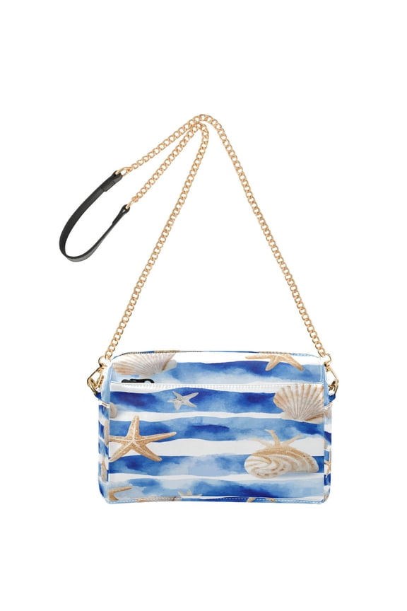 9.65"x3.35"x6.3"PU Leather Women Crossbody Purse, Waterproof Casual Chain Shoulder Bag with Multi Pockets for Travel Daily Use Blue Nautical Stripes Pattern