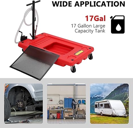 Oil Drain Pan with Pump 18 Gallon Oil Drain Tank, 82L Foldable T-Handle Low Profile Oil Drain Pan with 7.5ft Hose for Under Car, SUV, Truck Oil Changing