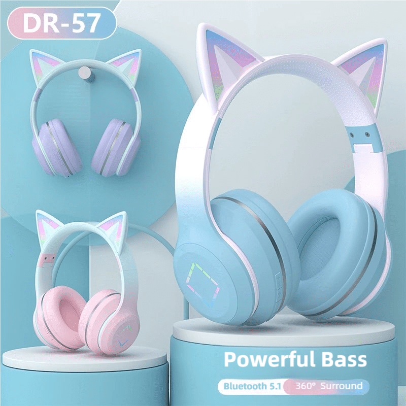 Cat Ear Gradient Bluetooth Headphone RGB Light TF/AUX HIFI Surround Stereo ANC Noise Reduction Headset for Playing games