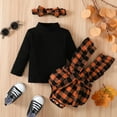 thumbnail image 4 of Synpos 0-18M Newborn baby Girl Outfit Clothes Infant Rib Long Sleeve Romper+Cotton Grid Ruffl Suspender Pant+Headband 3PCS Jumpsuit Set., 4 of 10