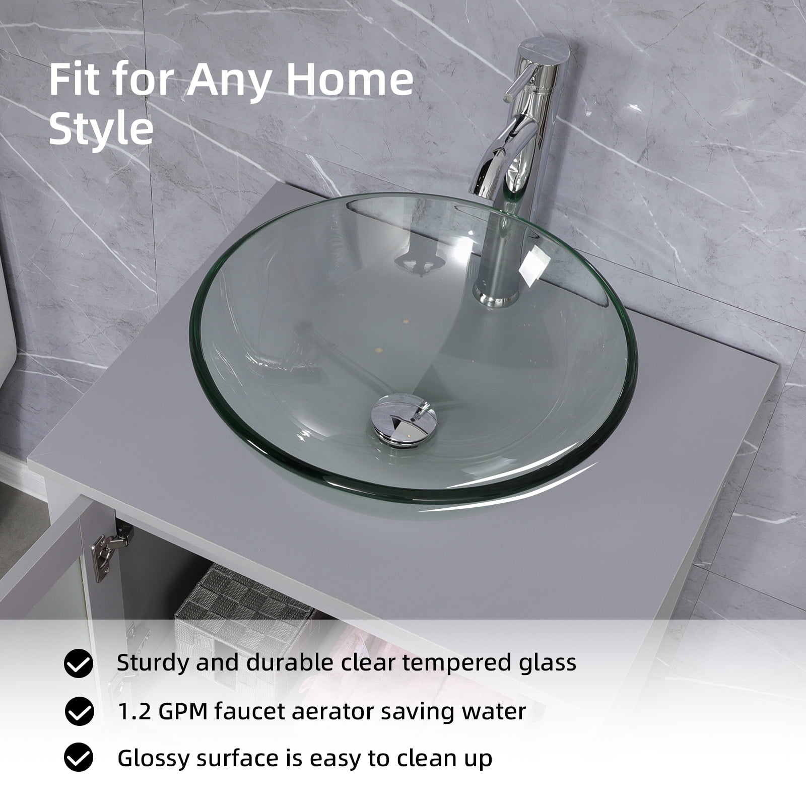 Eclife 24" Gray Bathroom Vanity Set with Wood Top, Clear Glass Sink, Water Saving Faucet, Pop up Drain Combo