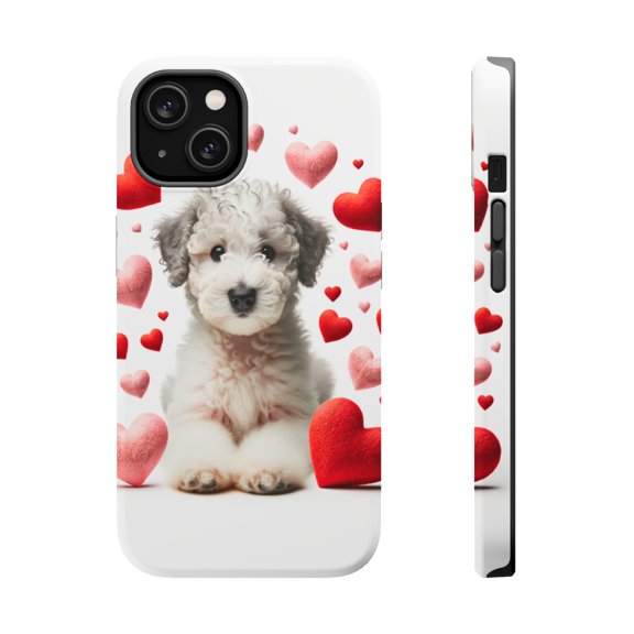 DistinctInk Tough Case for Apple iPhone 14 PLUS (6.7" Screen), Compatible with MagSafe Charging - Valentine's Day Bedlington Terrier Puppy
