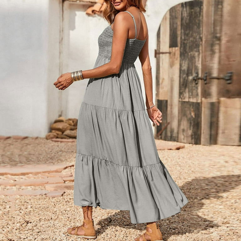 Ashirexll Summer Dresses for Women 2024, Maxi Dress for Women, Bohemian  Spaghetti Strap Smocked Tiered Long Beach Sun Dresses Sleeveless Solid Maxi  Dress Gray 3XL - Walmart.com