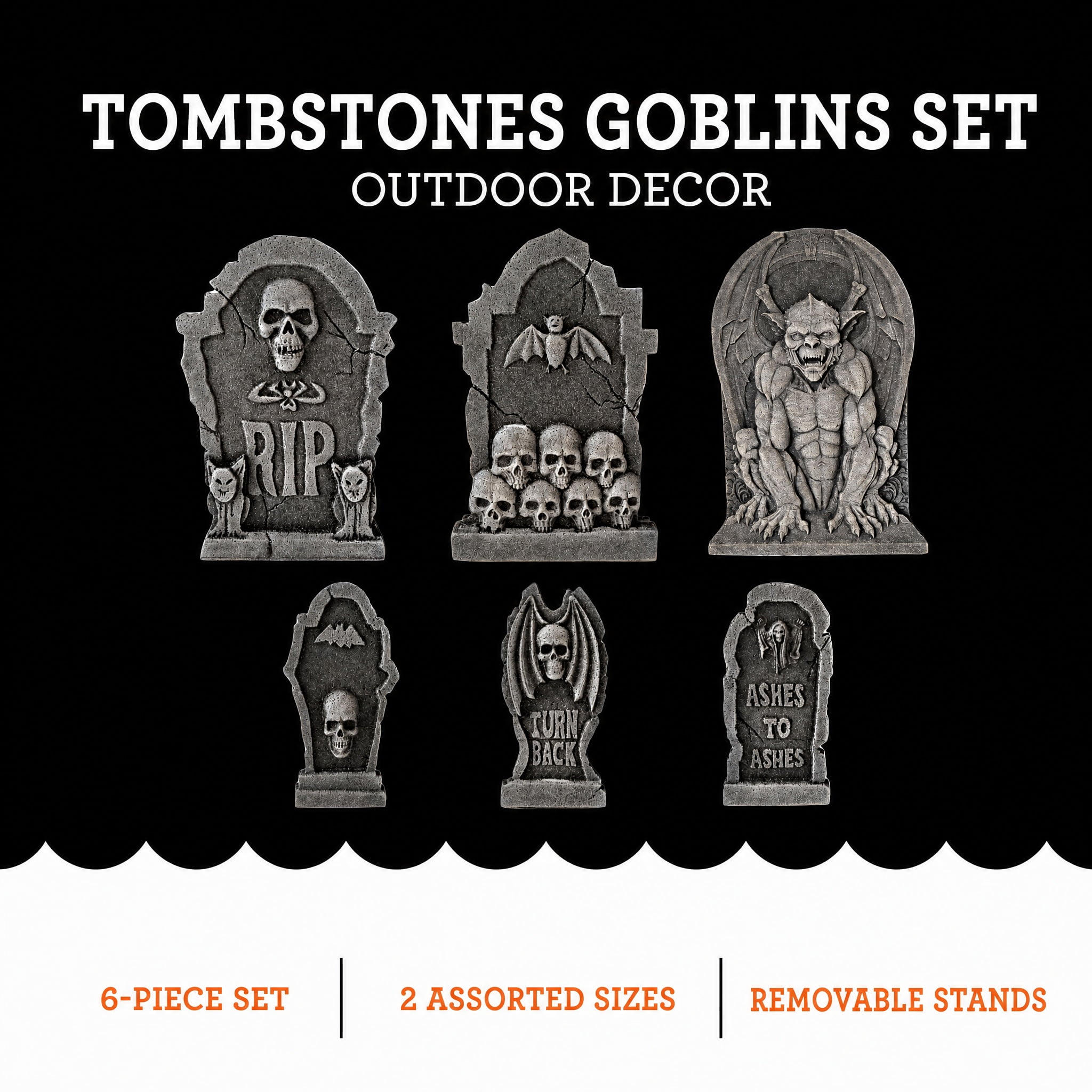 Tombstones Goblins Decoration Set, Gray, 6 Pieces, Halloween by Way To Celebrate