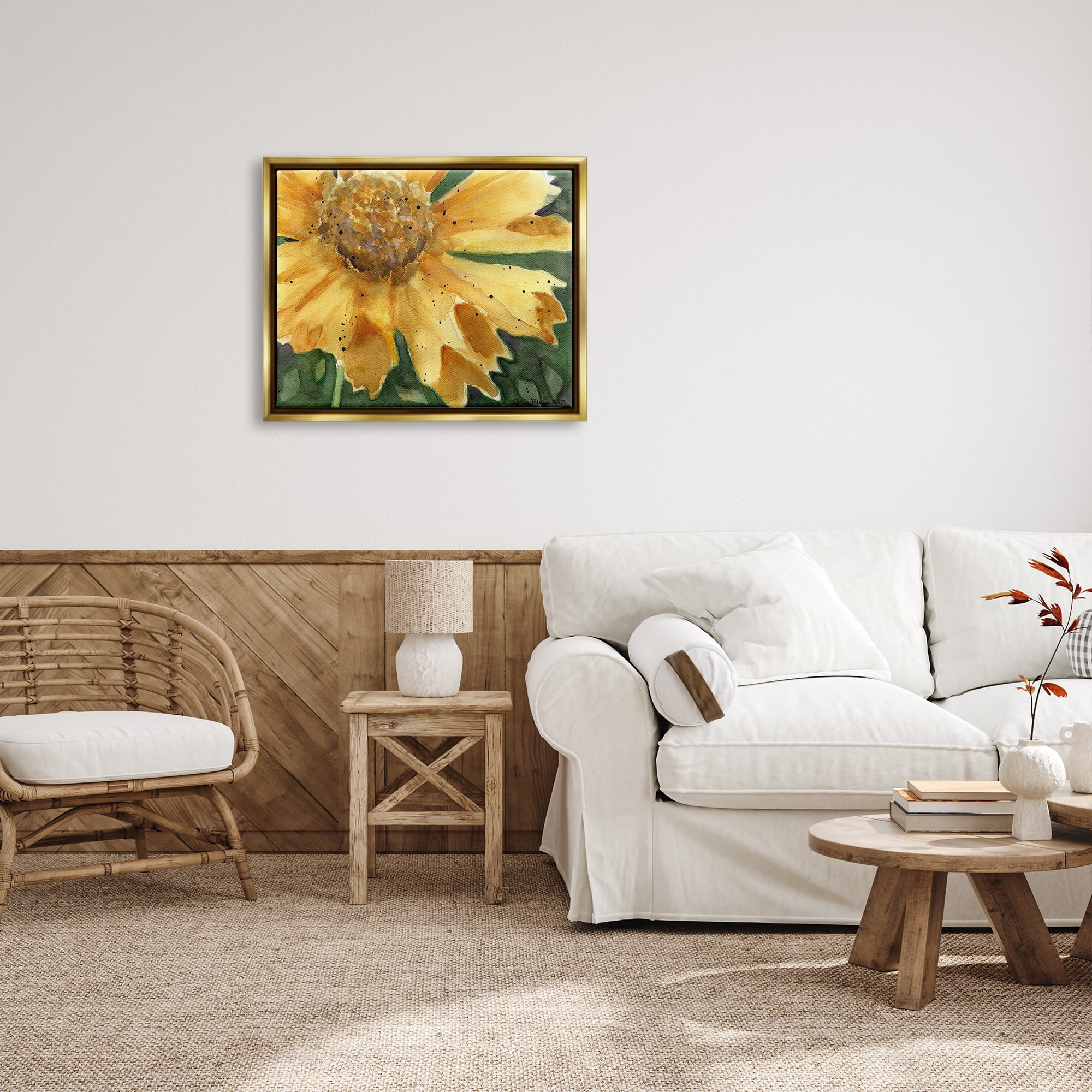 Stupell Industries Modern Sunflower Watercolor Botanical & Floral Painting Gold Floater Framed Art Print Wall Art, 31 x 25