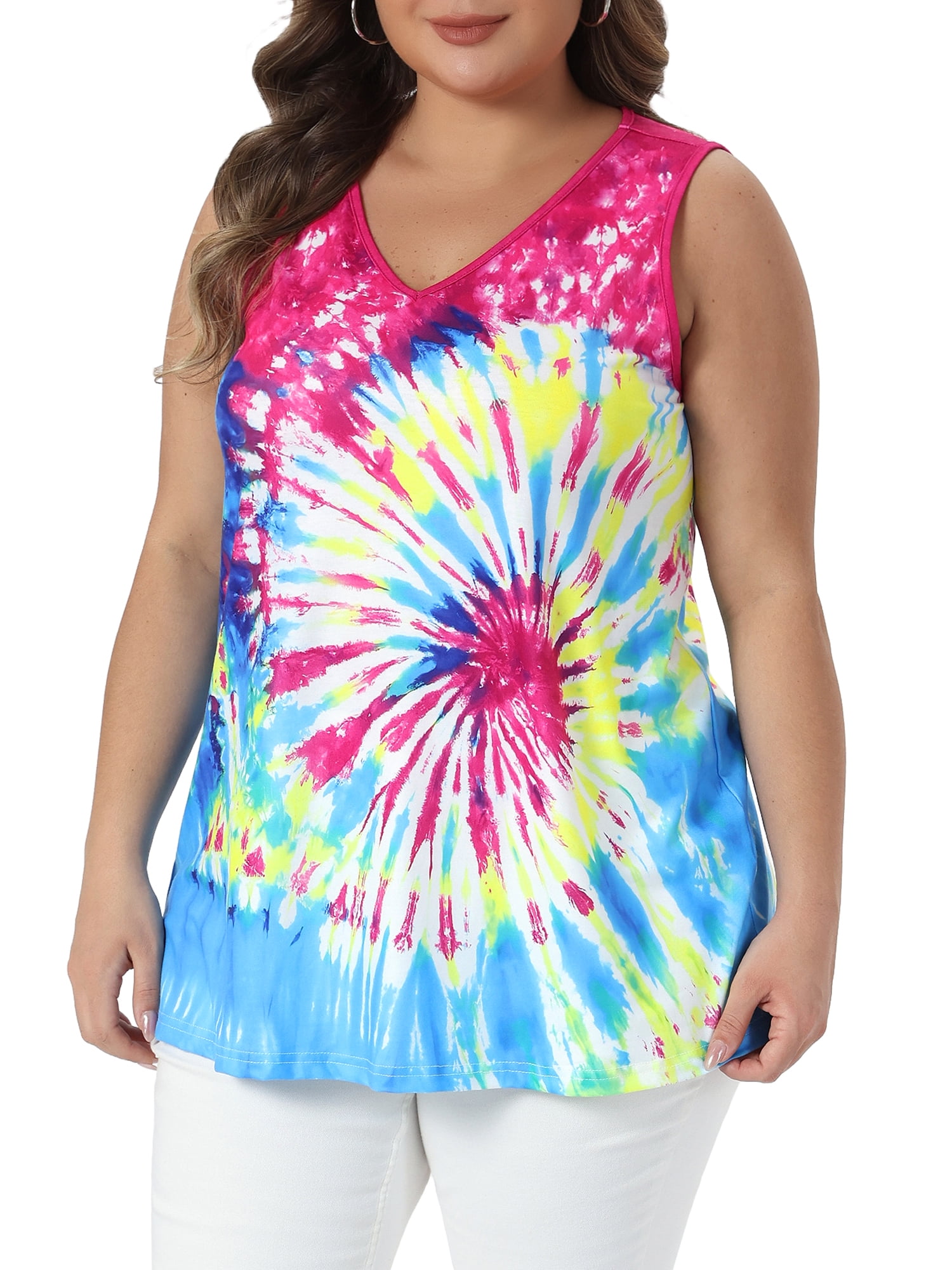 DARING DIVA Women's Plus Tie Dye Sleeveless Tank Top Casual Summer Tops and Tees 2X Blue