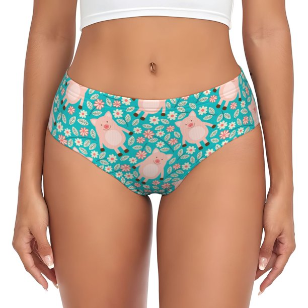 Balery Pig And Flower Ropa Interior de Algodón para Mujer con Dibujo – Braguitas Cómodas y Elásticas, Estilo Clásico-Small