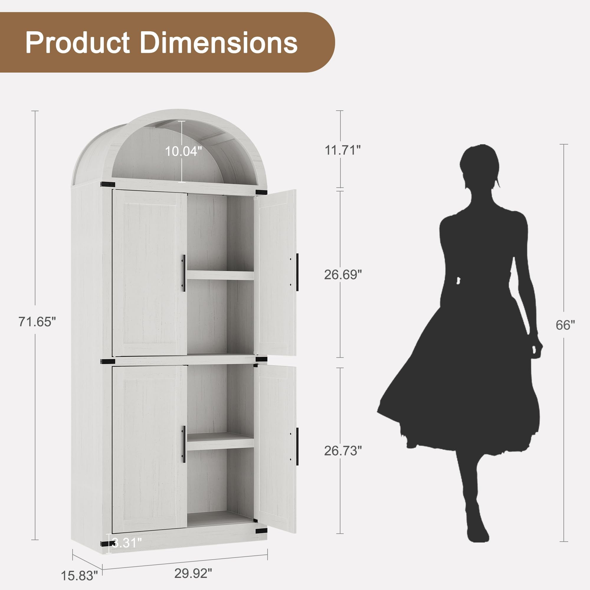 Kselythan 71.6"H  Tall Arched Kitchen Pantry Cabinet,Modern Farmhouse Storage Cabinet Arch Hutch Cabinet,Large Bookshelf with Doors,Arched Bookcase with Cabinet,5 Tier Kitchen Cabinet Cupboard