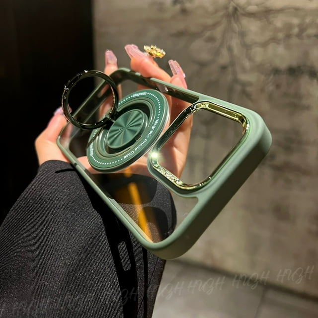360 Rotating Metal Ring Stand Magnetic Case for Magsafe iPhone 16 15 14 Plus 13 12 11 Pro X XR XS Max Shockproof Armor Cover Dark Green For iPhone 14