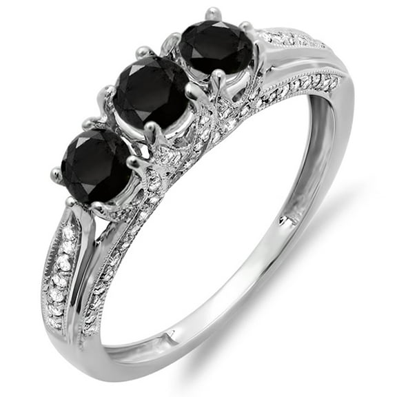 Dazzlingrock Collection 1.00 Carat (ctw) 10k White & Black Diamond Vintage Bridal 3 Stone Engagement Ring, White Gold, Size 8