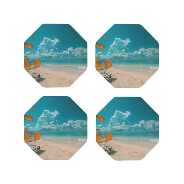 Vsdgher Shopping Cart On Tropical Beach Print Leather Coasters for Drinks, Durable Drink Coasters 4 Set for Tabletop Protection, Luxurious Home Décor and Housewarming Gift-Octagon