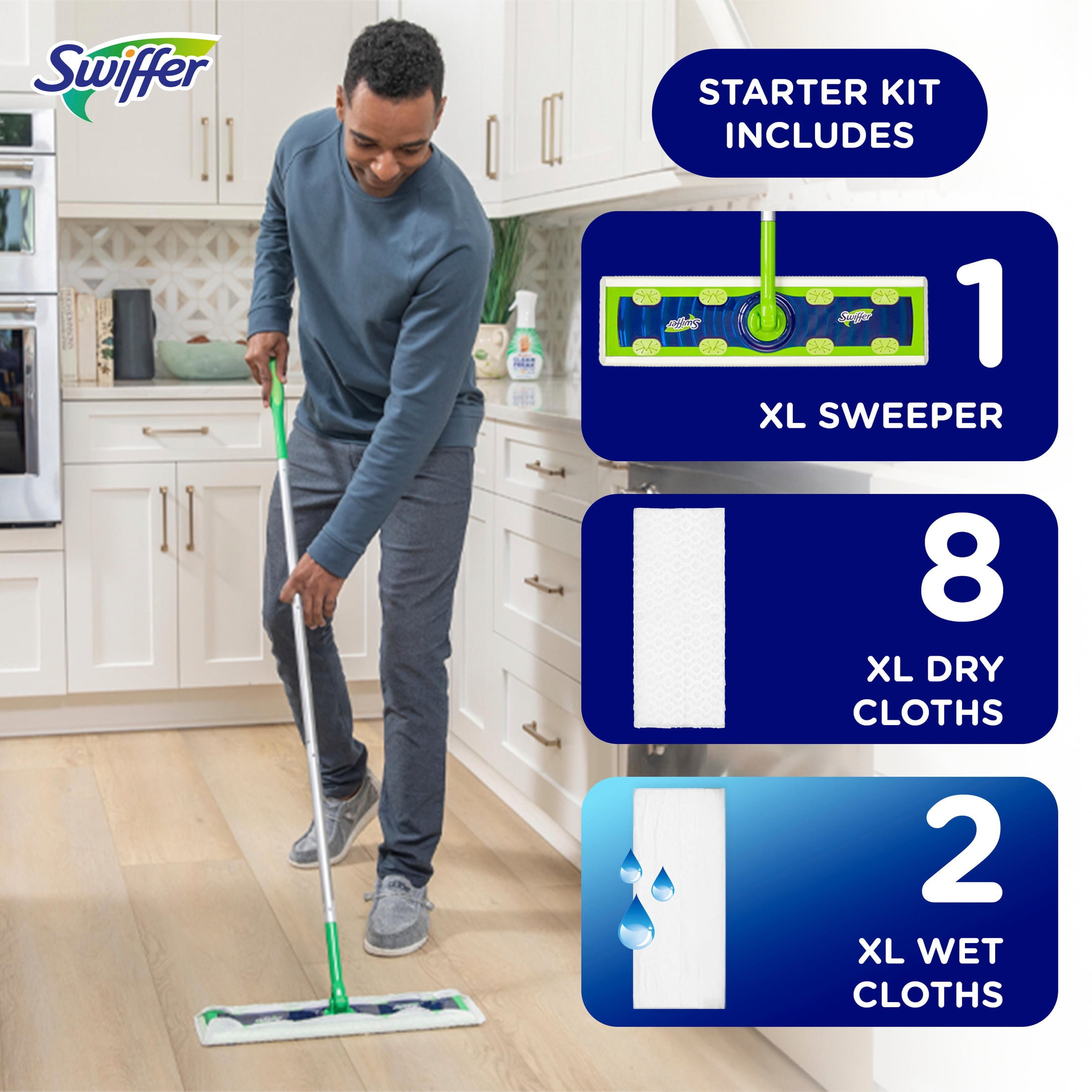 Swiffer Sweeper XL Kit with Dry & Wet Refills, Unscented, 1 Handle + 8 XL Dry pads & 2 XL Wet Pads
