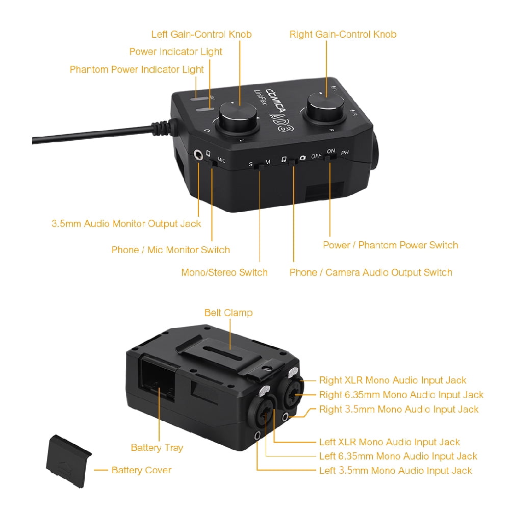 COMICA Microphone Amplifier,Two-Channels XLR/3.5mm/6.35mm-3.5mm Audio Audio Audio Preamp Preamp 3.5mm DSLR Preamp AD3 Two-Channels XLR/3.5mm/6.35mm-3.5mm XLR/3.5mm/6.35mm-3.5mm Audio Preamp