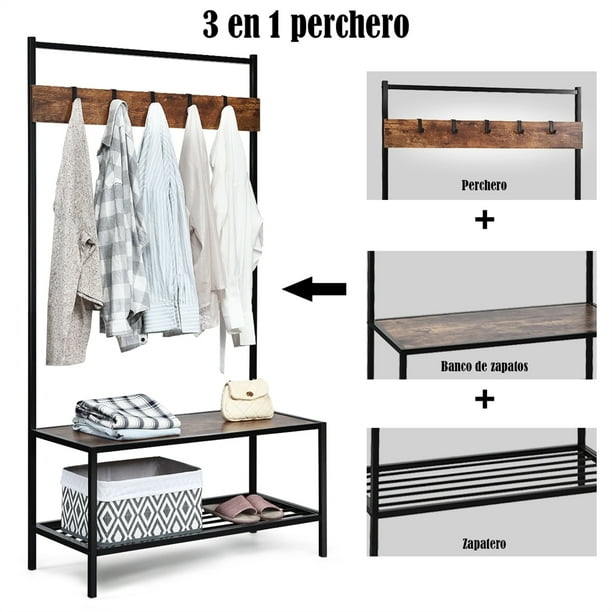 Costway Perchero Burro de Ropa con Zapatero 5 Ganchos Perchero Metalico Soporte Colgador para Ropa Marron 90 x 40 x 170 5 cm Costway Modern Walmart en linea