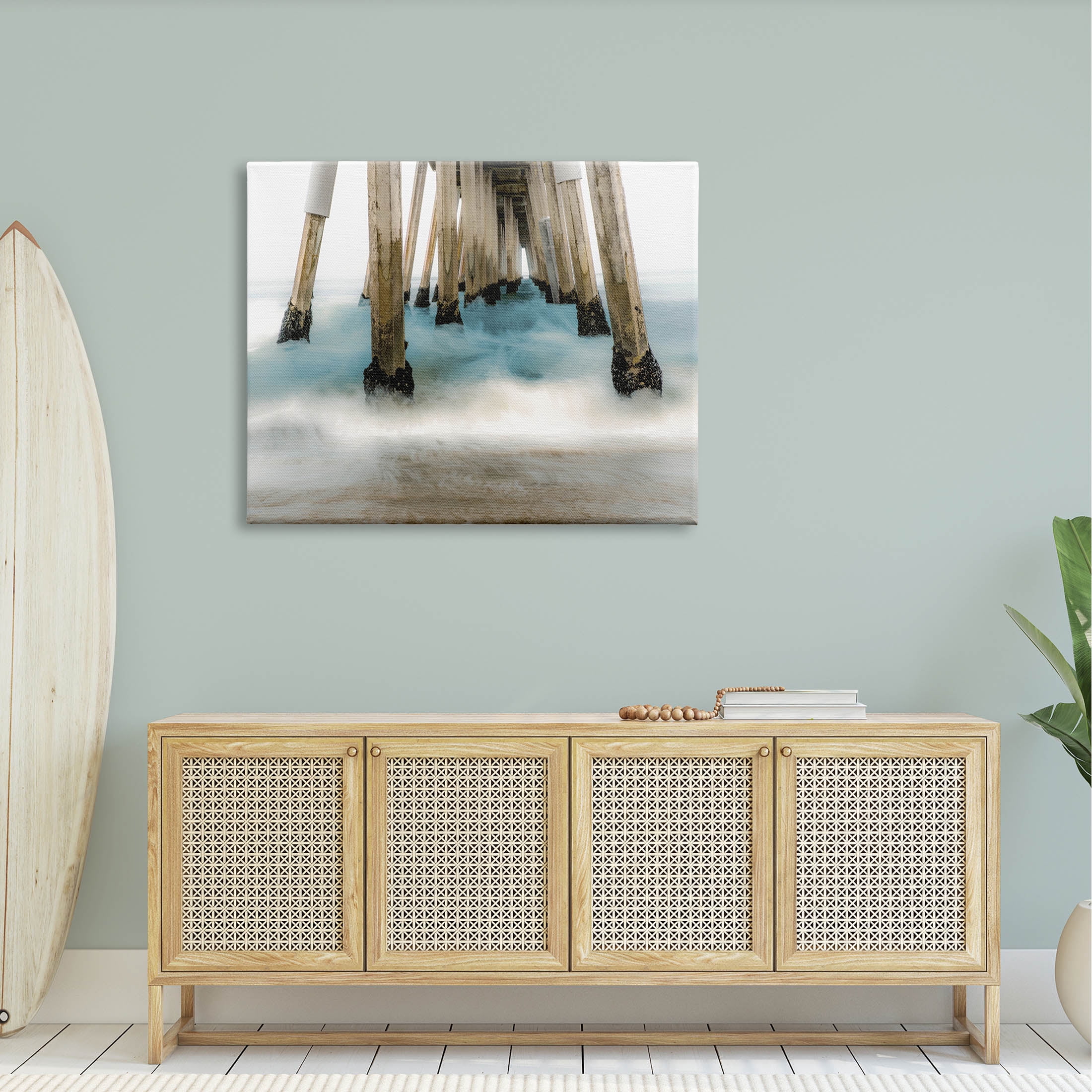 Waterfront Pier Splashing Sea Waves Coastal Graphic Art Gallery Wrapped Canvas Print Wall Art