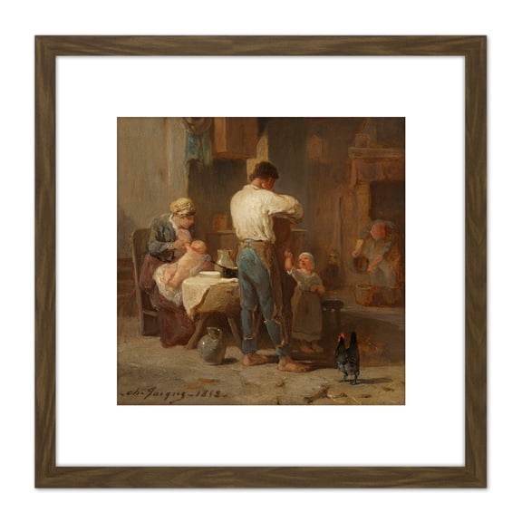 Charles Emile Jacque Interior 1852 Painting 8X8 Inch Square Wooden Framed Wall Art Print Picture with Mount