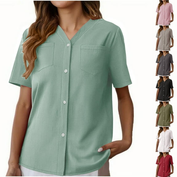 Xunlbb Women's T-shirts Ladies' Casual Solid Color Shirts Cotton And Linen V-neck Chest Pocket Button Cardigan Short Sleeved Blouse Summer Beach Fashion Basic Wear Daily Outfit