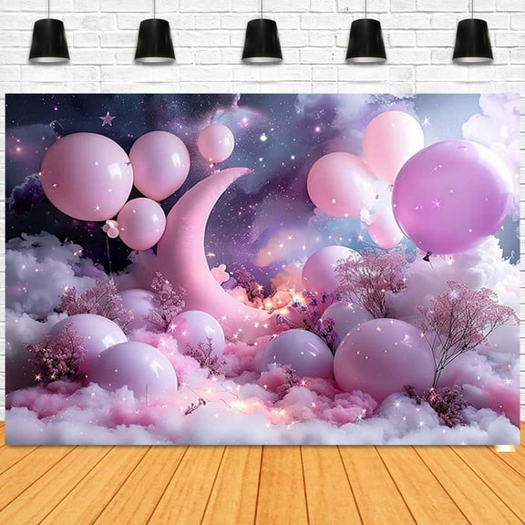 Purple Star Night Baby Shower Backdrop Purple Hot Air Balloon Girl 1st Birthday Party Decorations Banner Dreamy Moon Purple Clouds Wedding Anniversary Newborn Birthday Photography Background