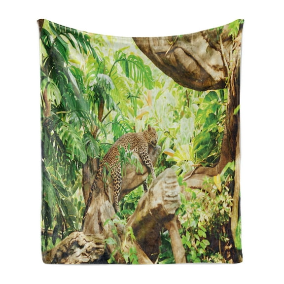 Safari Soft Flannel Fleece Blanket, Leopard on the Branch in Savannah Exotic Macro Tropical Leaf Jungle Wild Nature Art, Cozy Plush for Indoor and Outdoor Use, 50" x 70", Brown Green, by Ambesonne